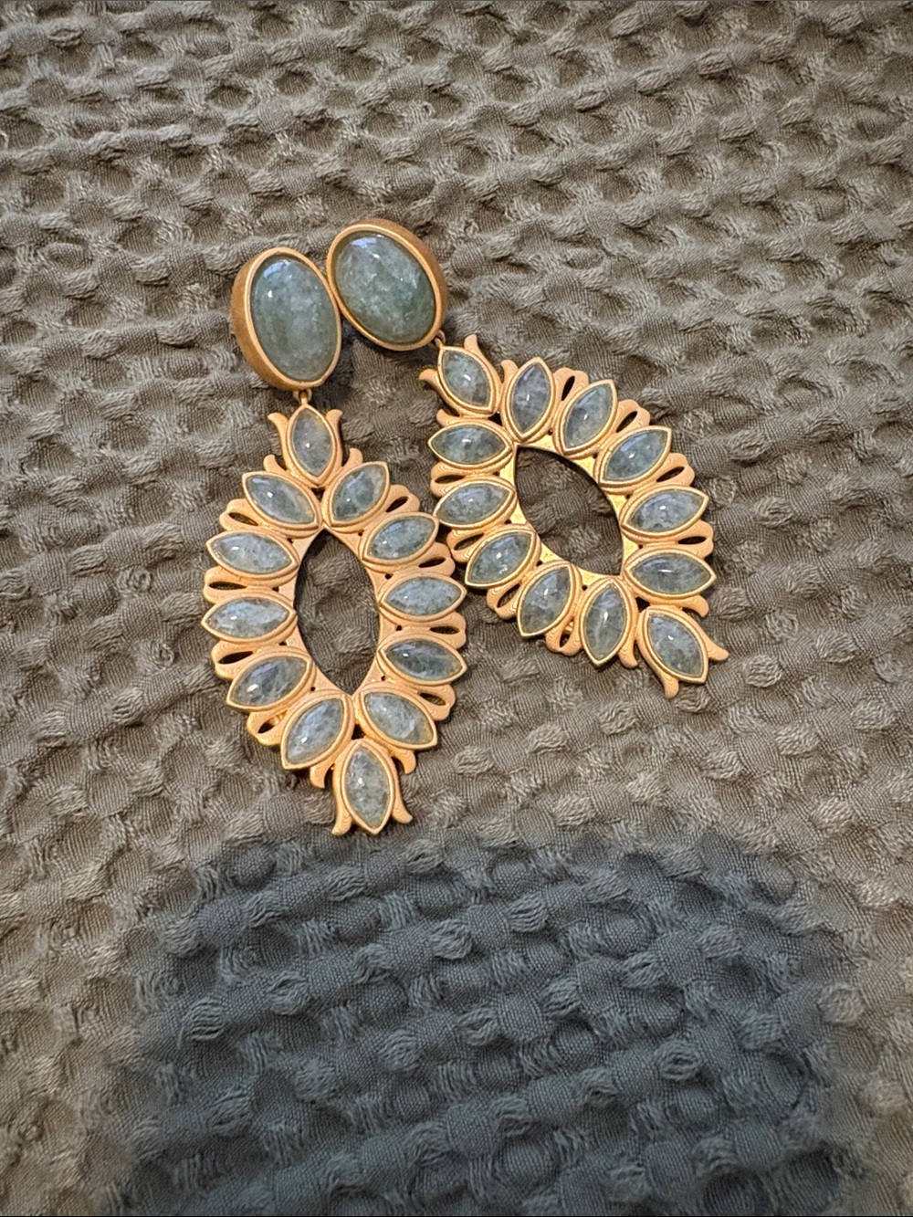 Gold-Plated Floral Teardrop Earrings with Green Strawberry Quartz Stones